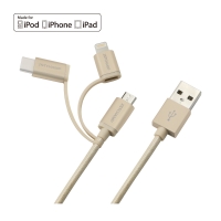 First Champion 3in1 microUSB Cable with Lightning & Type C Adaptor - 100cm - Gold