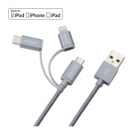 First Champion 3in1 microUSB Cable with Lightning & Type C Adaptor - 100cm - Grey