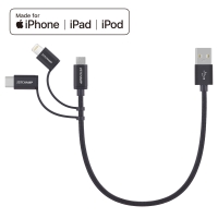First Champion 3in1 microUSB Cable with Lightning & Type C Adaptor - 30cm - Black