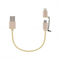 First Champion 2in1 microUSB Cable with MFi Lightning Adaptor -<br/>Nylon Braided - 30cm - Gold