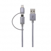 First Champion 2in1 microUSB Cable with MFi Lightning Adaptor -<br/>Nylon Braided - 100cm - Grey