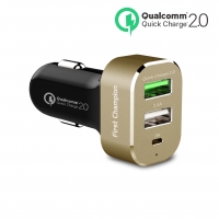 First Champion USB Car Charger - EL-745WQCTC - 3 x USB with Type-C & QC 2.0 - Gold